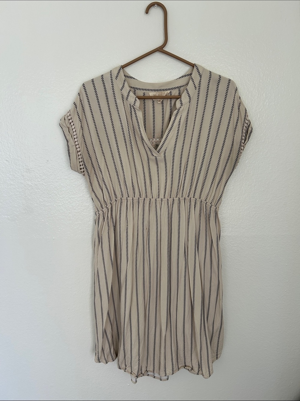 Sweet Wanderer Beige Dress with Black Stripe Detail